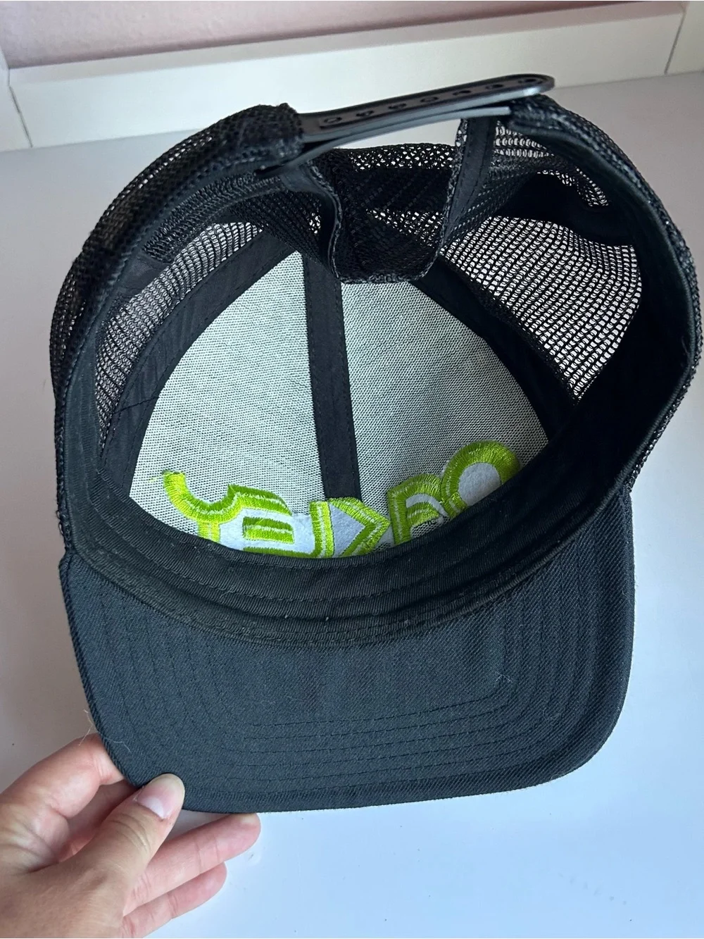 Oakley Blue Plaid Trucker Hat with Neon Green Logo